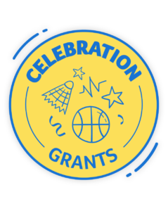 A yellow circle with 'Celebration Grants' written in blue text accompanied by blue sports icons - a shuttlecock, basketball plus stars and squiggles.