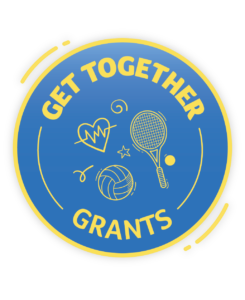 A blue circle with yellow text which says 'Get Together Grants' with sports icons such as a ball and a racket.