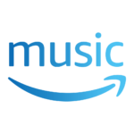 The Amazon Music logo which is blue with 'Music' written on the top and a curved arrow facing the right on the bottom.